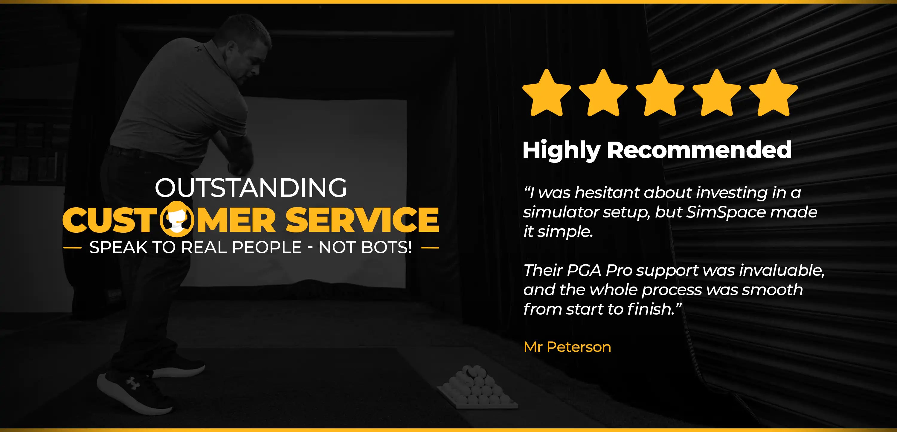 SimSpace customer service testimonial with five-star rating and positive feedback on a dark background.