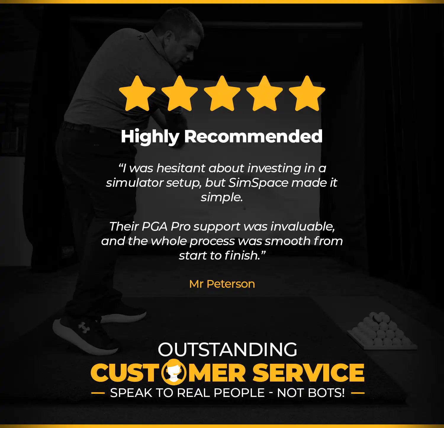Person holding a five-star rating with a testimonial about SimSpace's customer service.