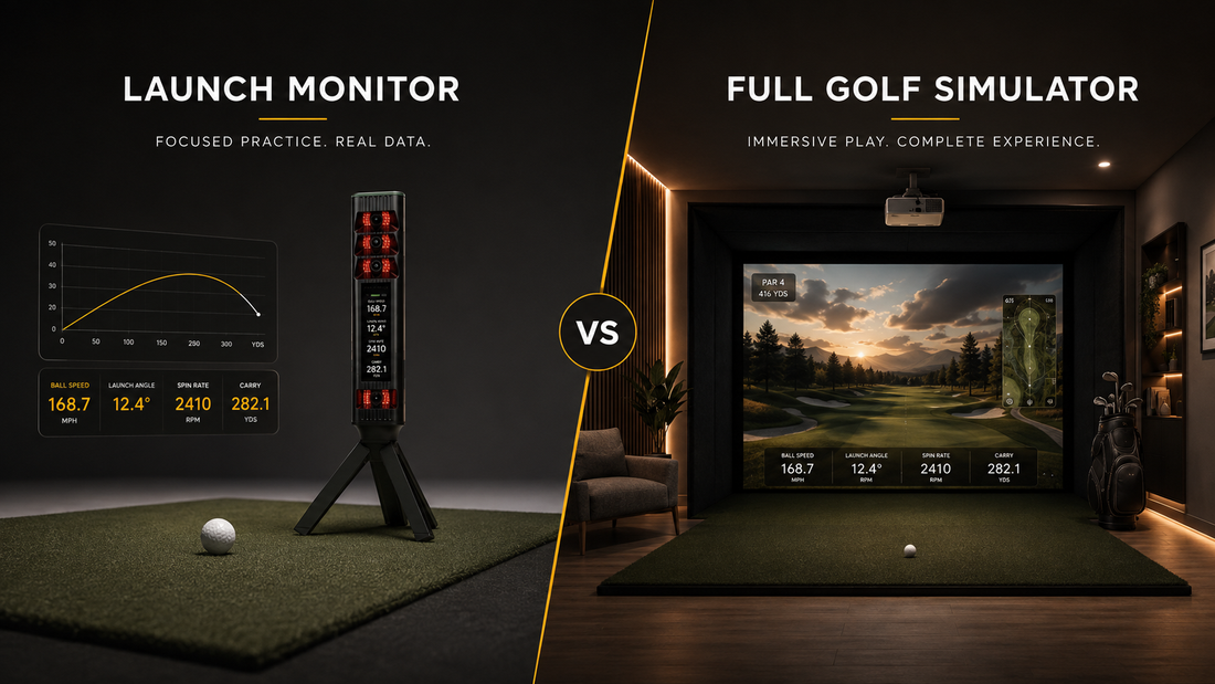 Launch monitor and full golf simulator shown side by side, comparing shot-data practice with an immersive indoor golf setup.