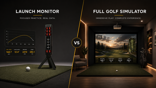 Launch monitor and full golf simulator shown side by side, comparing shot-data practice with an immersive indoor golf setup.