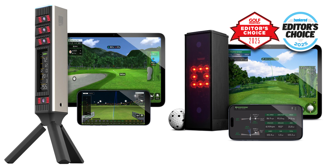 Square Golf Omni vs Square Golf Home Launch Monitor comparison showing launch monitor design, simulator software, ball tracking technology and golf simulator data display screens
