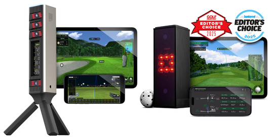 Square Golf Omni vs Square Golf Home Launch Monitor comparison showing launch monitor design, simulator software, ball tracking technology and golf simulator data display screens