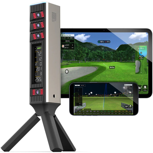 Square Golf Omni Launch Monitor with app screens