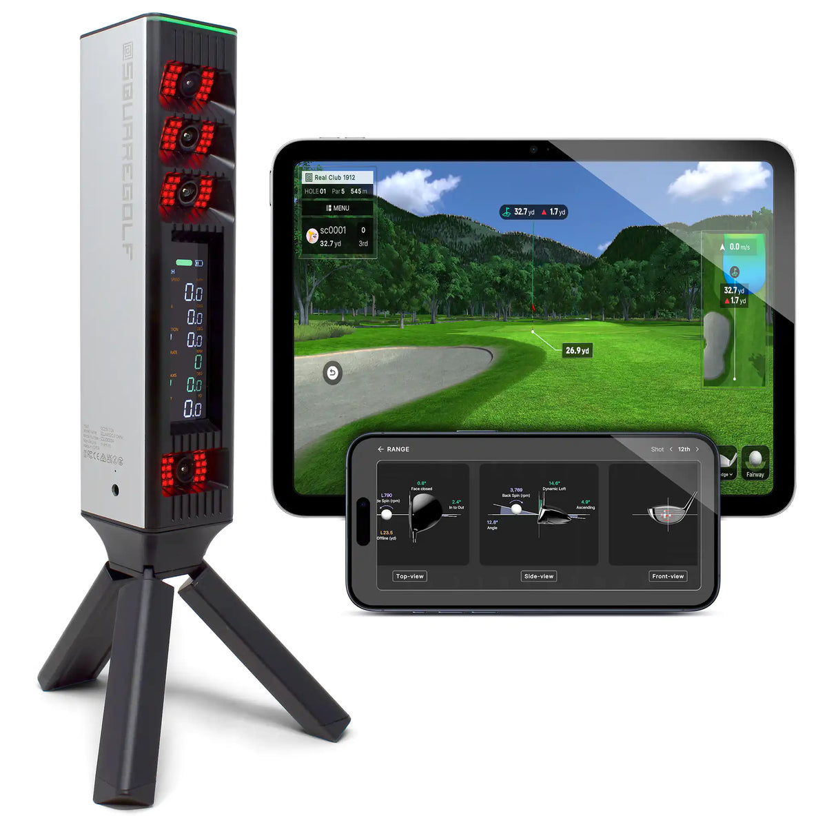 A modern golf launch monitor capturing ball launch data on a driving range tee line